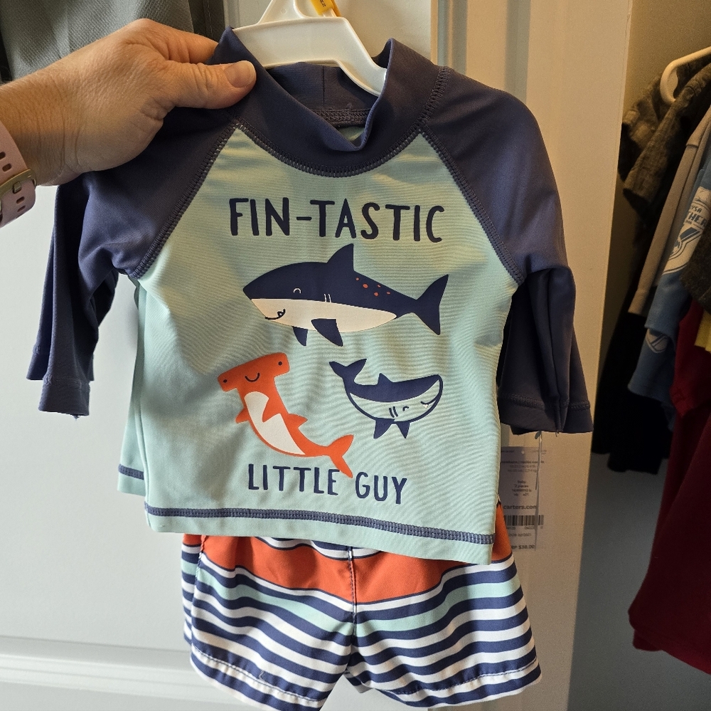 Carter's Boys Two-Piece Swim Set in Mint, Navy & Orange